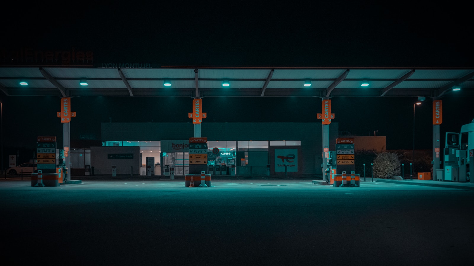a gas station at night